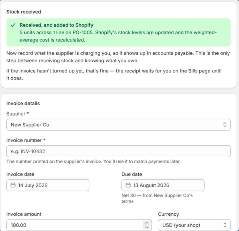 Purser's invoice screen: stock received and added to Shopify, then the invoice details for the supplier, invoice number, invoice date, due date on net 30 terms, amount and currency.