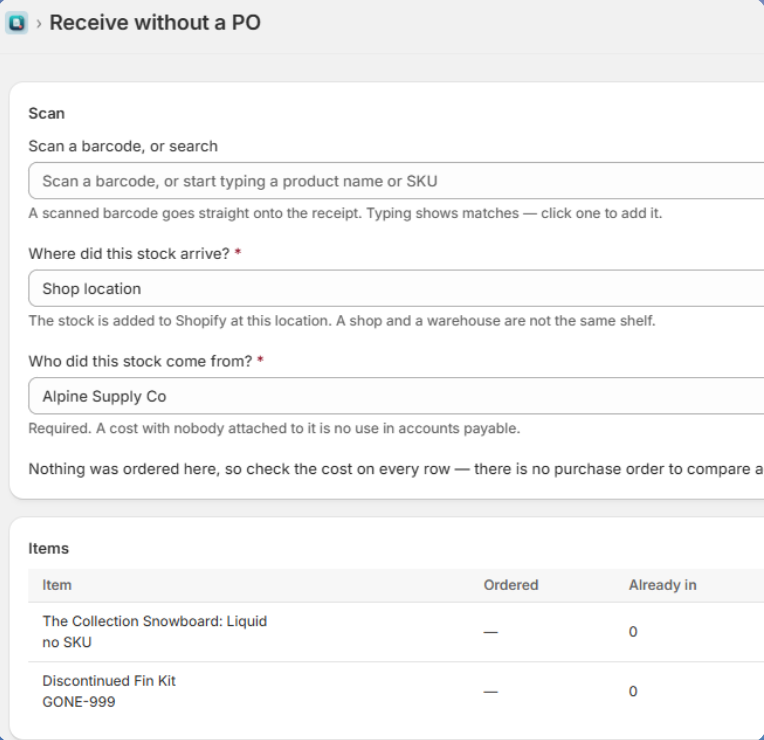 Purser's receiving screen in the Shopify admin: a barcode scan field, the location and supplier the stock arrived from, and the item rows waiting to be received.